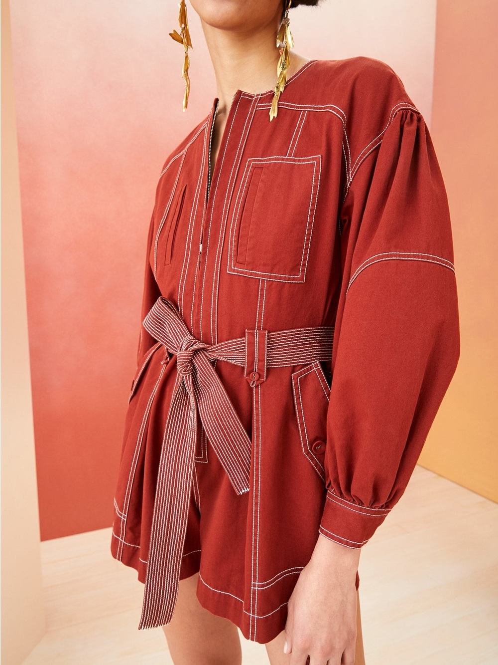 Ulla Johnson Rust Red Belted Romper with Contrast Stitching